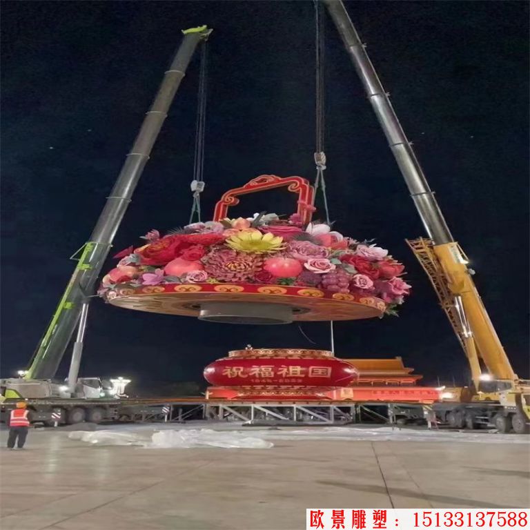 天安门仿真花篮雕塑，玻璃钢仿真花卉绢花花篮雕塑11